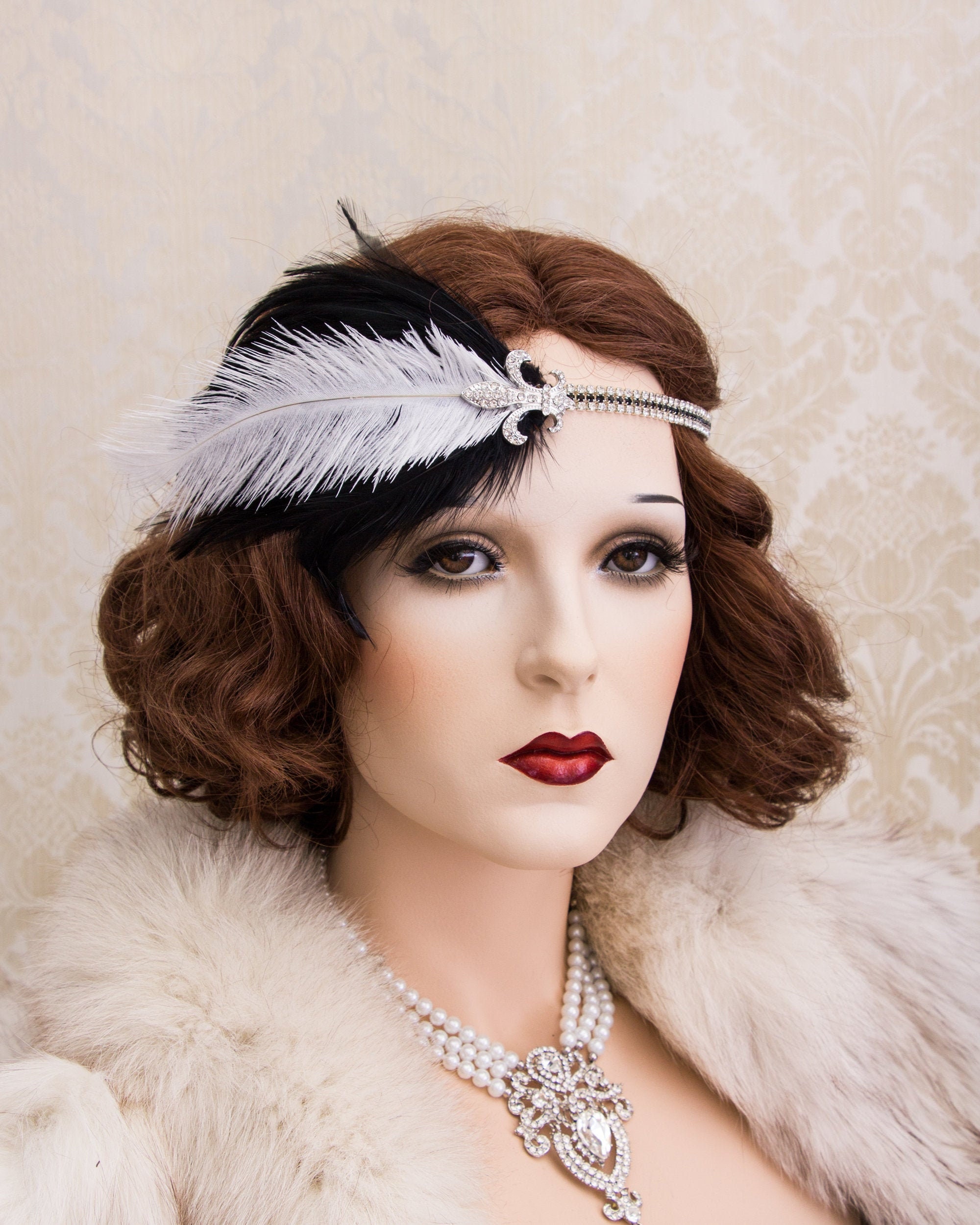Black and White feather Great Gatsby Headband, Fleur de Lys 1920s Soiree Flapper Headband Feather Headband Gatsby Flapper Headpiece
