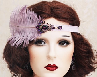 Great Gatsby Headband, Lilac Feather Headband, Feather Fascinator, Art Deco Headpiece, Great Gatsby Purple Earrings, Art Deco Earrings