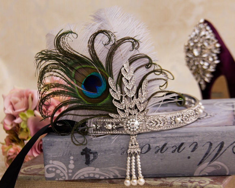 Silver Flapper Headband with Peacock Feathers Great Gatsby Headband Great Gatsby Costume 1920's Headband image 4