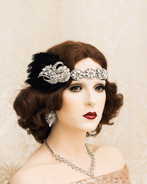 Fascia per capelli Vintage con piume 1920's The Great Gatsby fascia per capelli con paillettes con perline di strass fascia per capelli da donna nera  200000297
