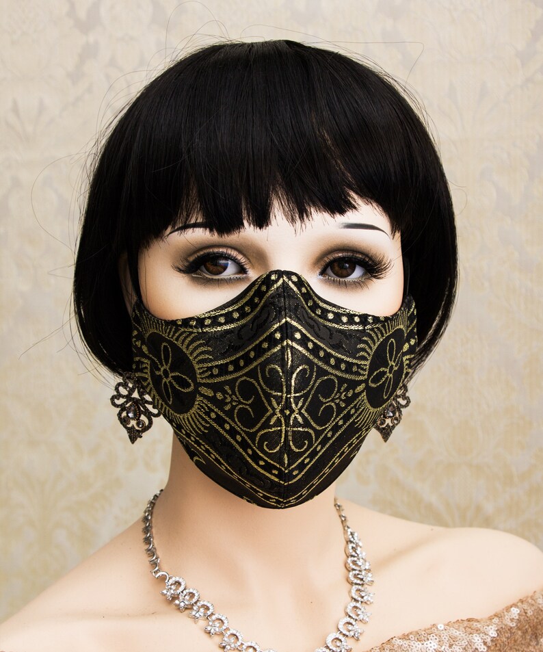 Luxury Black and Gold Brocade Face Mask With Nose Wire Pocket Etsy