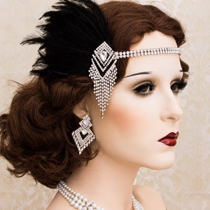 Art Deco 1920s Roaring Flapper Headbands, Feather Great Gatsby Headpiece, Rhinestone Crystal Headband, Flapper Accessories Gatsby Earrings image 2