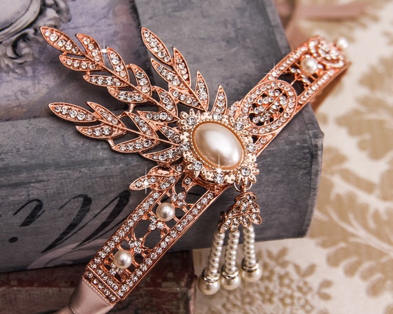 Rose Gold Crystal Deco Headband Blush Feather Headband: Rose Gold Rhinestone Art Deco 1920s  main image 2