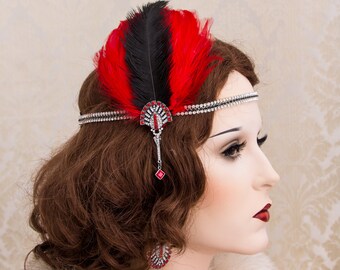 Rode en zwarte jaren 1920 Roaring Flapper hoofdband, Great Gatsby zendspoel, rode veer Fascinator
