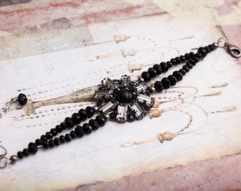 Great Gatsby Jewelry Set, Art Derco Bracelet, Black Crystal Earrings, Flapper Headband