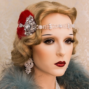 1920er Jahre Roaring Flapper Haarschmuck, Great Gatsby Kopfschmuck, rotes Feder Haarband, Strass Haarband