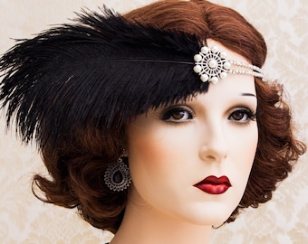 Black Great Gatsby Headpiece,  Pearl Brooch Art Deco Headband, Daisy Costume Jewelry, 1920's Accessories