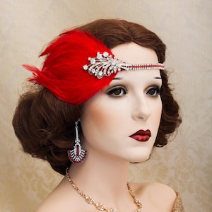Red Art Deco headpiece with feathers and rhinestones for roaring 1920s halloween masquerade party
