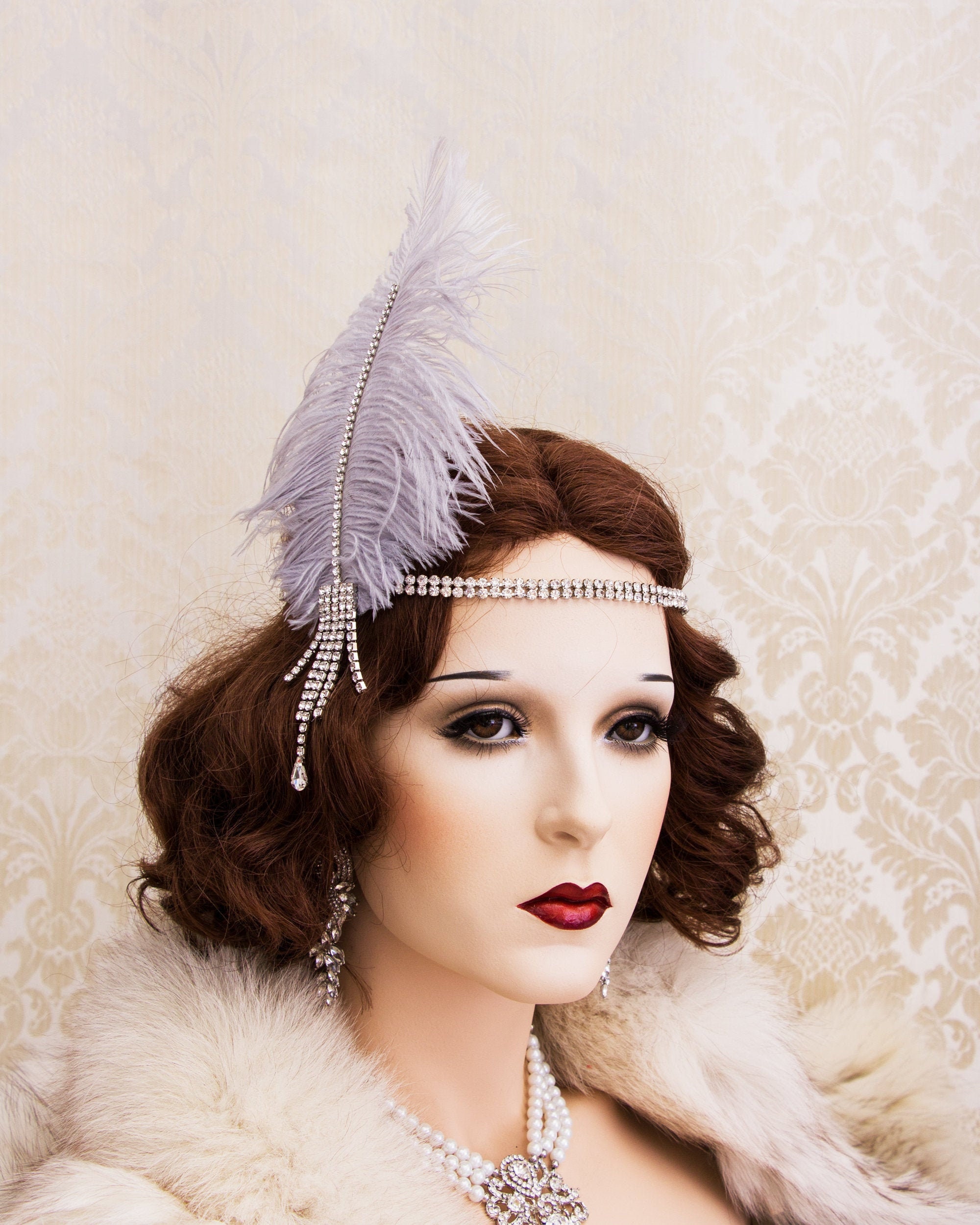 Flapper Headband with Ostrich Feathers and Crystals for Gatsby Party Shop 1920s Headpieces - Retro Ostrich Feather Headband  main image 4