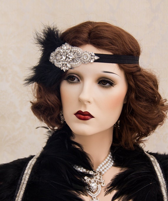 Black Flapper Headband with Rose Boa Costume Accessory Black Flapper Headband with Rose Boa Costume Accessory