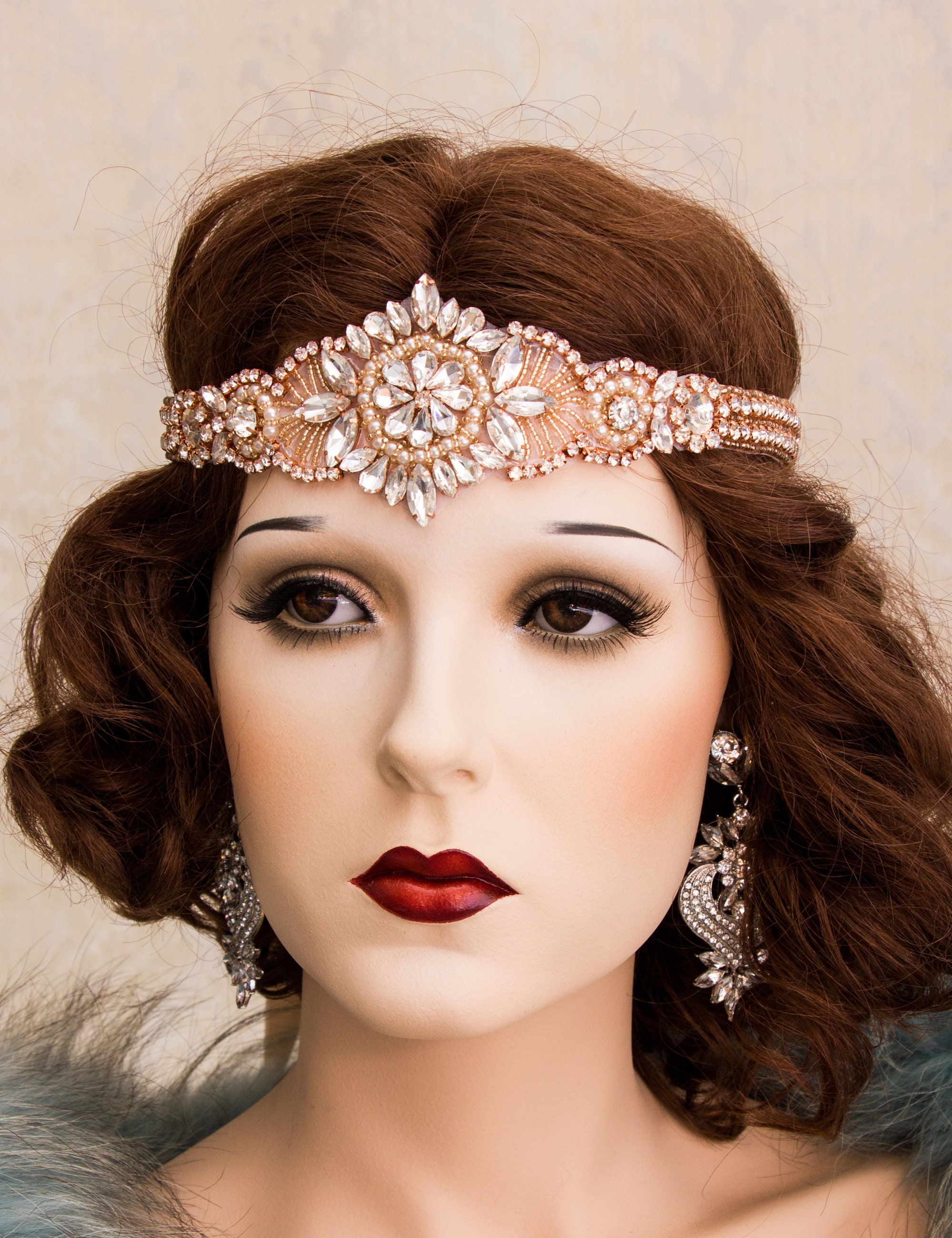 Rose Gold Art Deco Headband Gatsby Headband Art Deco Hair Accessory Flapper Headpiece Rose Gold Rhinestone Headband Earrings Bracelet Etsy