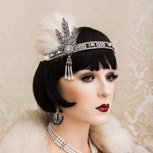 Art Deco Headband, Ivory Feather Great Gatsby Headband, Rhinestone Feather Headband, Roaring 1920's Jewelry Gatsby Earrings image 2