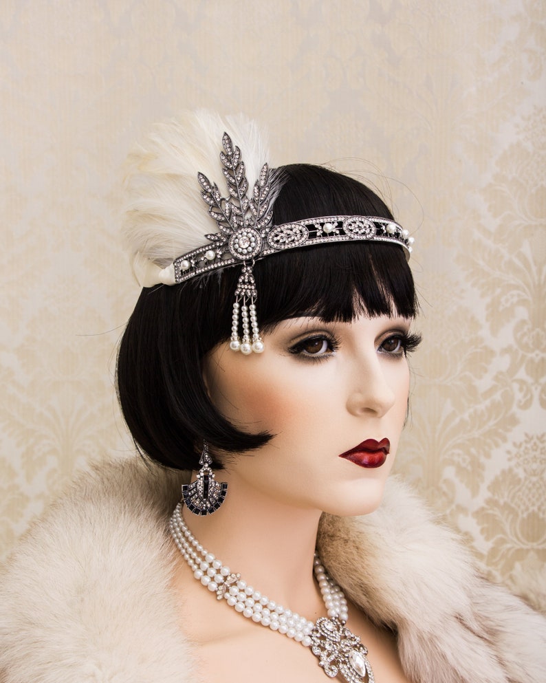 Art Deco Headband, Ivory Feather Great Gatsby Headband, Rhinestone Feather Headband, Roaring 1920's Jewelry Gatsby Earrings image 2