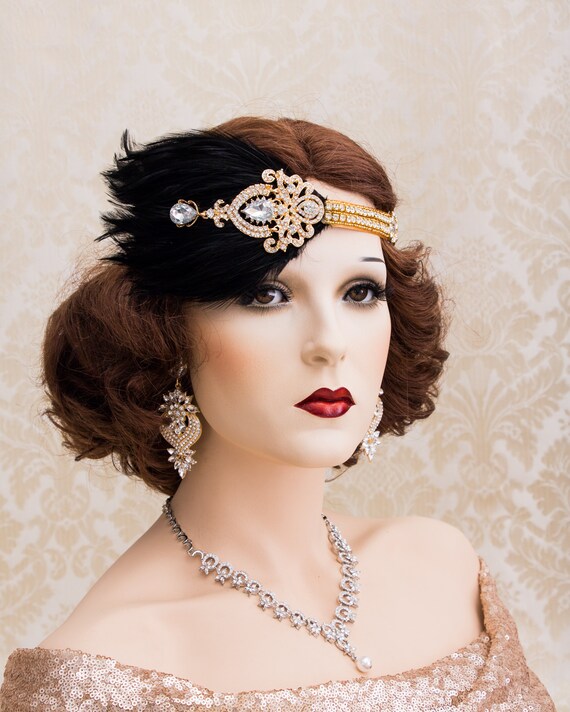Black Flapper Headband With Crystal Heart Costume Accessory Black Flapper Headband With Crystal Heart Costume Accessory