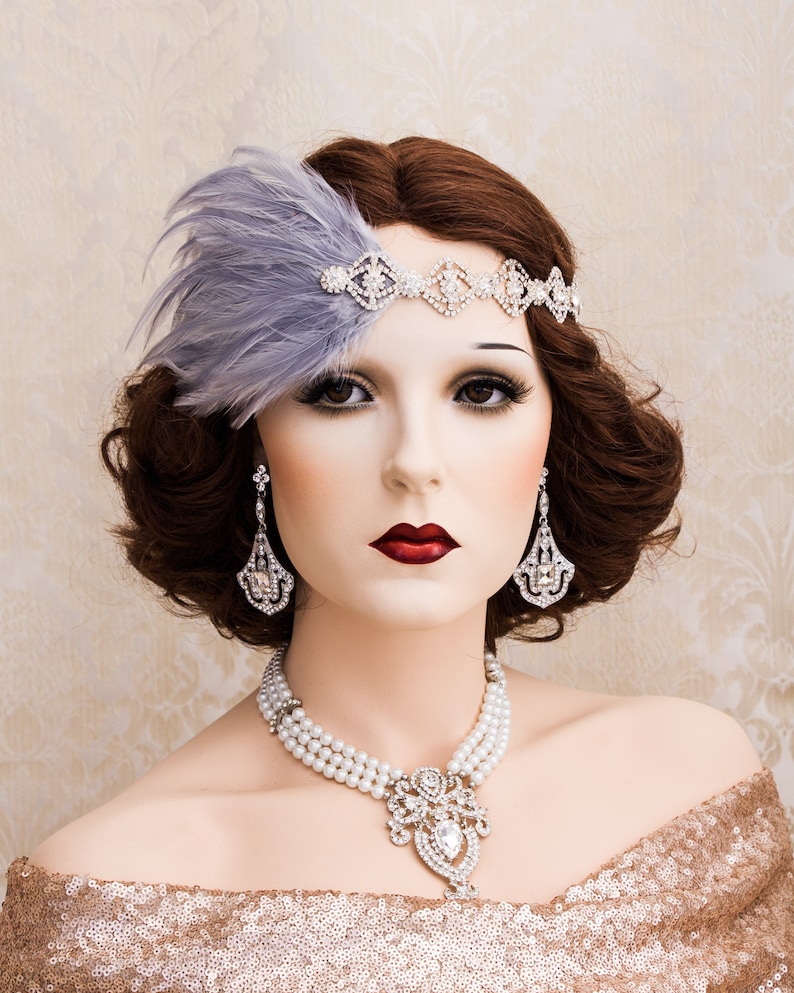 Blush Great Gatsby Headpiece, Rose Gold Art Deco Headband, Roaring 1920's Accessories Jewelry, New Year's Party Earrings SILVER HEADBAND