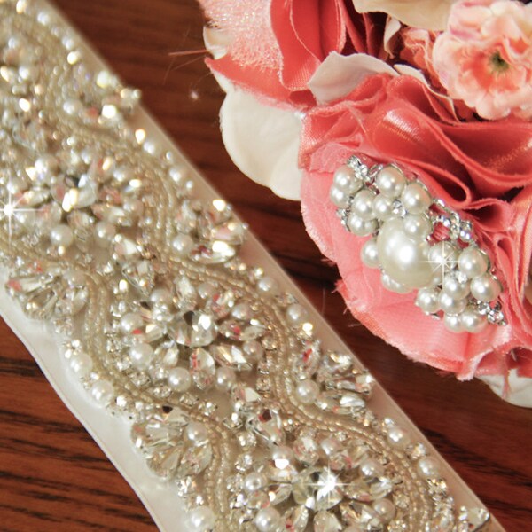 READY TO SHIP - Crystal Bridal Sash, Wedding Sash, Rhinestones and Crystal Bridal Sash, Beaded Bridal Sash, Bridal White Color