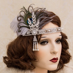 Silver Flapper Headband with Peacock Feathers Great Gatsby Headband Great Gatsby Costume 1920's Headband image 1