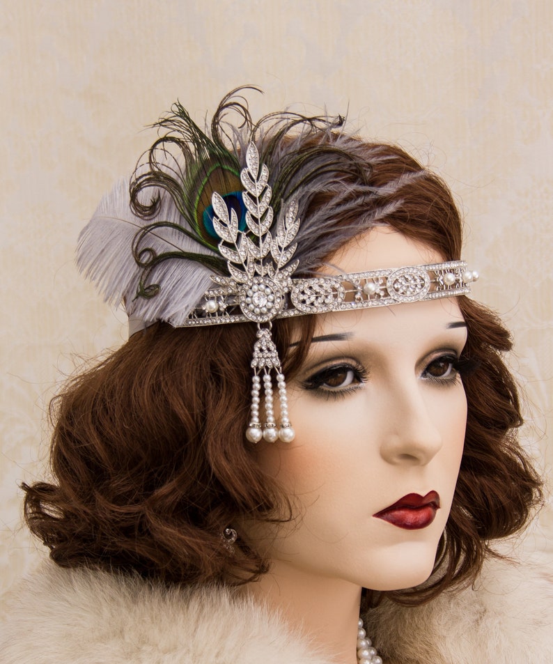 Silver Flapper Headband with Peacock Feathers Great Gatsby Headband Great Gatsby Costume 1920's Headband image 1