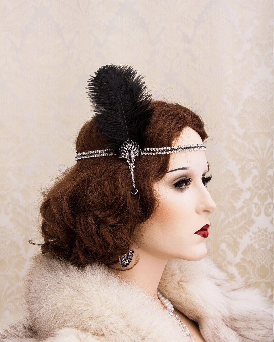Black Feather Flapper Headband: 1920s Art Deco Hair Piece - Etsy display picture 1
