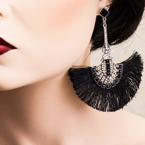 Art Deco Earrings, Great Gatsby Earrings, Tassel Earrings, Black Statement Earrings, Crystal Fan Earrings, Fringe Earrings, Roaring 1920&#39;s