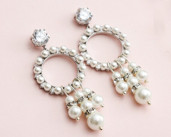 Great Gatsby Style Pearl and Rhinestone Wedding Earrings