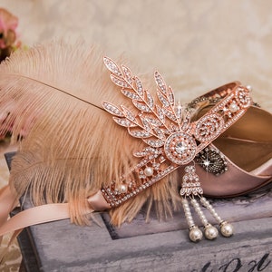 1920s Flapper Headbands Great Gatsby Headpiece Rose Gold Hair Accessories with Ostrich Feathers