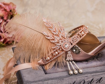 1920s Flapper Headbands Great Gatsby Headpiece Rose Gold Hair Accessories with Ostrich Feathers