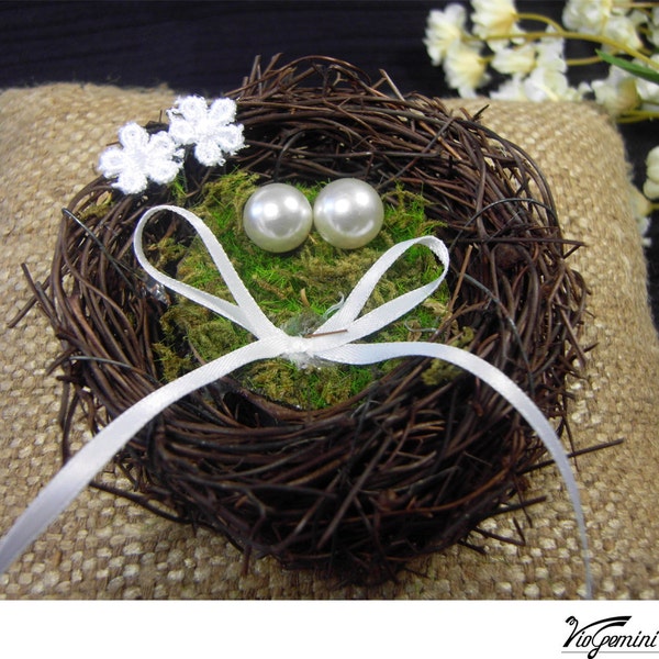 Wedding ring bearer pillow - natural silk burlap, twig nest and pearl eggs