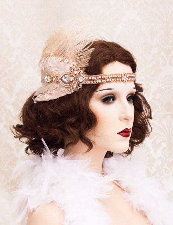 1920s Great Gatsby Headpiece With Crystal Brooch Rose Gold Great