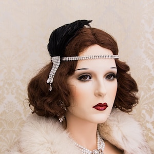 Black Feather 1920s Roaring Flapper Headband, Great Gatsby Headpiece, Feather Fascinator