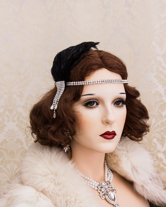 Black Feather 1920s Roaring Flapper Headband, Great Gatsby 