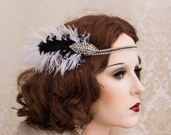 Art Deco Feather Hairpiece, Black and White Feather Fascinator, Flapper Headband, Great Gatsby Headpiece, Rhinestone Crystal Headband