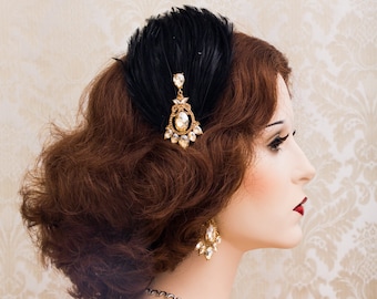 Gouden en zwarte veer haarstuk, Art Deco bruiloft accessoires, jaren 1920 Flapper hoofddeksel, Grote Gatsby hoofddeksel, Gatsby oorbellen