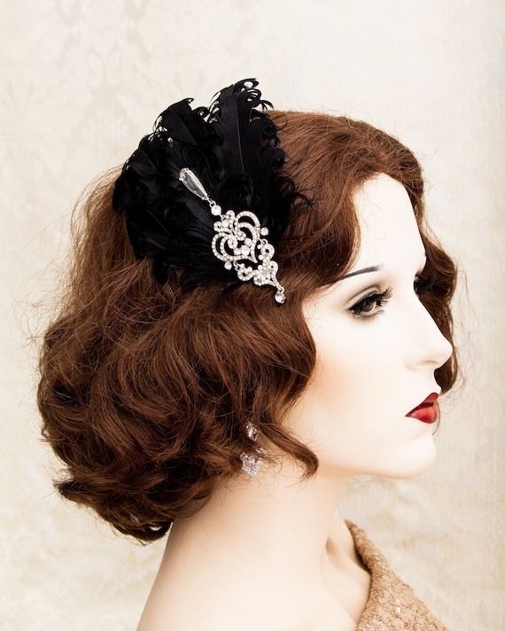 Flapper Headpiece Rhinestone Feather Hair Clip 1920s Gatsby Accessory GENBREE Flapper Headpiece Black Feather Hair Clip - 1920s  main image 4