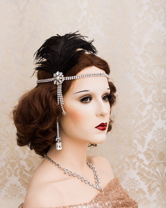 Black Ostrich Feather Flapper Headband: Art Deco Rhinestone  display picture 3