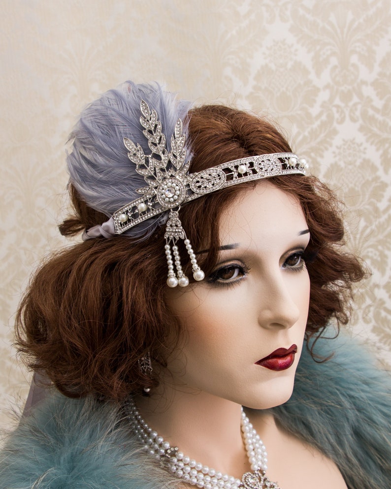 Art Deco Headband, Ivory Feather Great Gatsby Headband, Rhinestone Feather Headband, Roaring 1920's Jewelry Gatsby Earrings SILVER HEADBAND