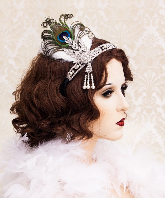 Silver Flapper Headband With Feathers Great Gatsby Headband  display picture 2
