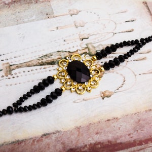 Gold and Black Great Gatsby Bracelet Jewelry Set, Art Derco Bracelet, Black Crystal Earrings, Flapper Headband