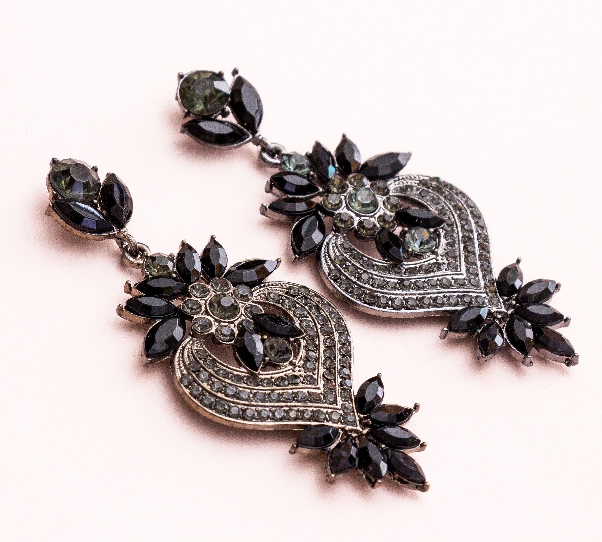 Vintage Black Rhinestone Chandelier Earrings - Art Deco Dangle Drop Statement Earrings For Special Occasions