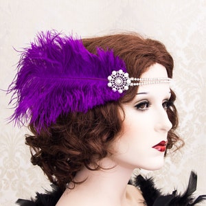 Purple Great Gatsby Headband, Feather Headpiece Flapper Accessories Art Deco Wedding Headband, Bridal 1920&#39;s Accessories
