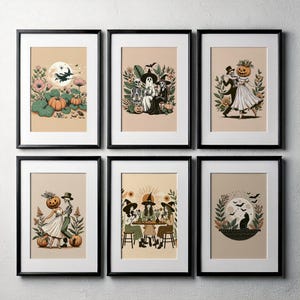 May include: Six framed prints with a Halloween theme. The prints feature illustrations of skeletons, witches, pumpkins, and other spooky imagery. The frames are black and the prints are on a light beige background.