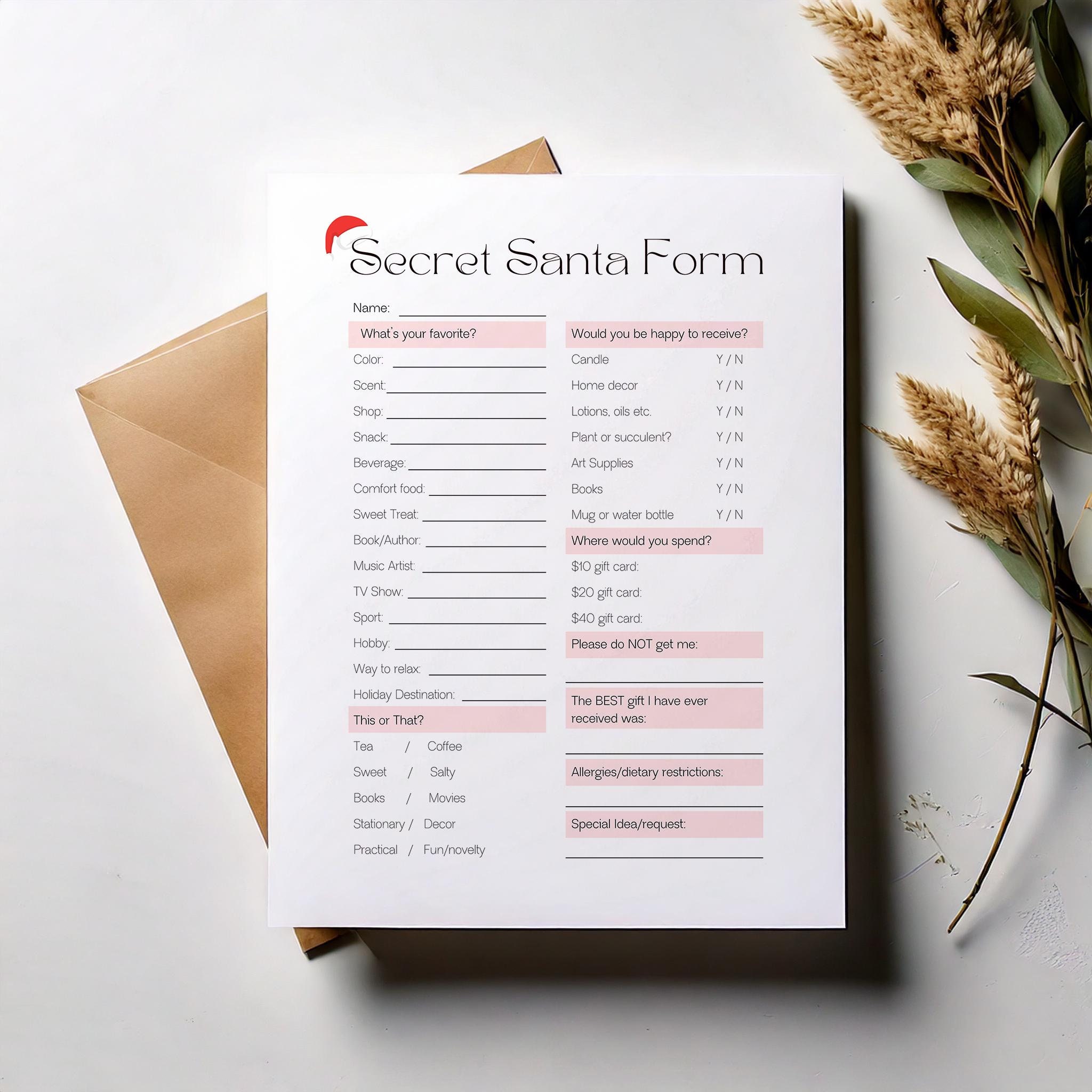 Secret Santa Survey Form for Employees and Office Parties Ice Breaker ...