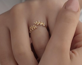 Sterling Silver Leaf Vine Ring: Dainty Pave Stacking Band