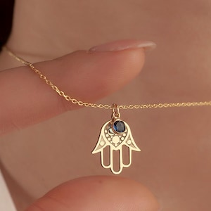 Birthstone Hamsa Necklace, Evil Eye Protection Necklace, Gold Hamsa Hand Pendant, Personalized Birthstone Jewelry, Sterling Silver Gift