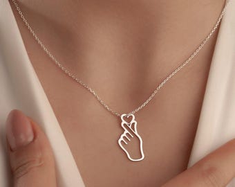 K-pop Jewelry, Korean Hand Heart Necklace Minimalist Silver Pendant Love Symbol Jewelry