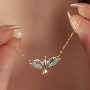 Phoenix Bird Necklace Blue Wing Pendant Turquoise & Navy Stones  Gold-Tone Gift for Her Dainty Layering Jewelry