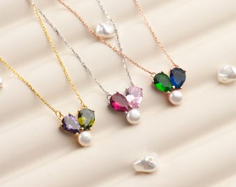 Collana personalizzata con pietra portafortuna e perla – Delicato ciondolo a forma di cuore, gioiello per la mamma