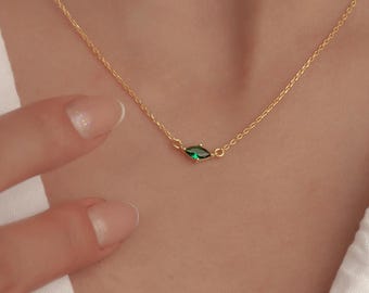 Minimalist Marquise Birthstone Necklace, Dainty Gold Pendant