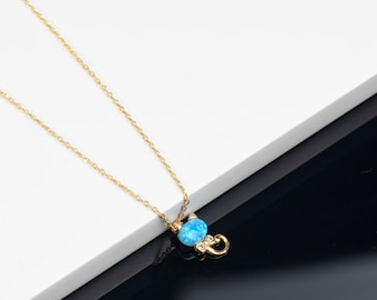 Gold Cat Necklace with Blue Opal  Dainty Kitten Pendant Jewelry Cute Gift for Cat Lovers Minimalist Everyday Animal Necklace