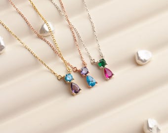 Two Birthstone Pendant Necklace – Dainty Round & Pear, Personalized Mom Jewelry